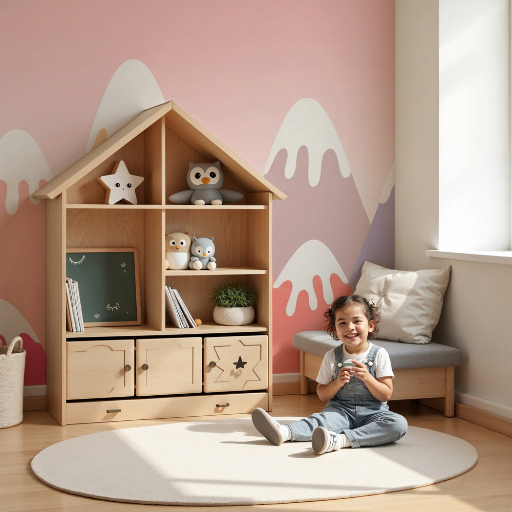 Colorful mountain mural wallpaper in modern nursery with pastel sunset peaks by Kids-Mundo