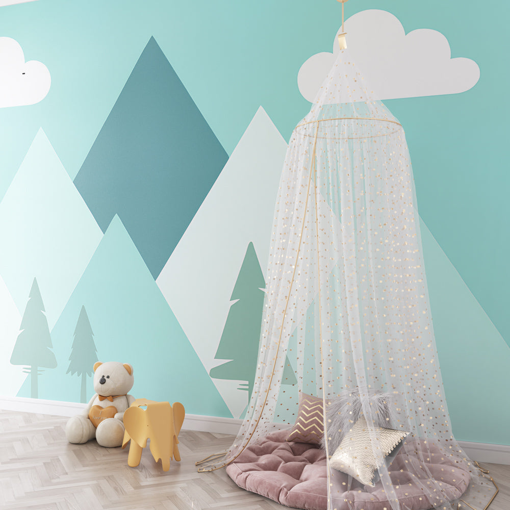 Gentle mountain peaks mural wallpaper transforming toddler room into peaceful adventure space