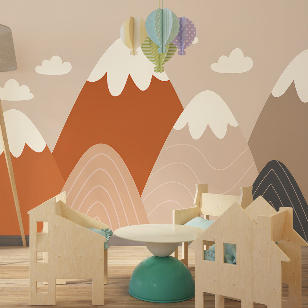 Nature-inspired mountain wallpaper creating calming atmosphere in toddler room by Kids-Mundo