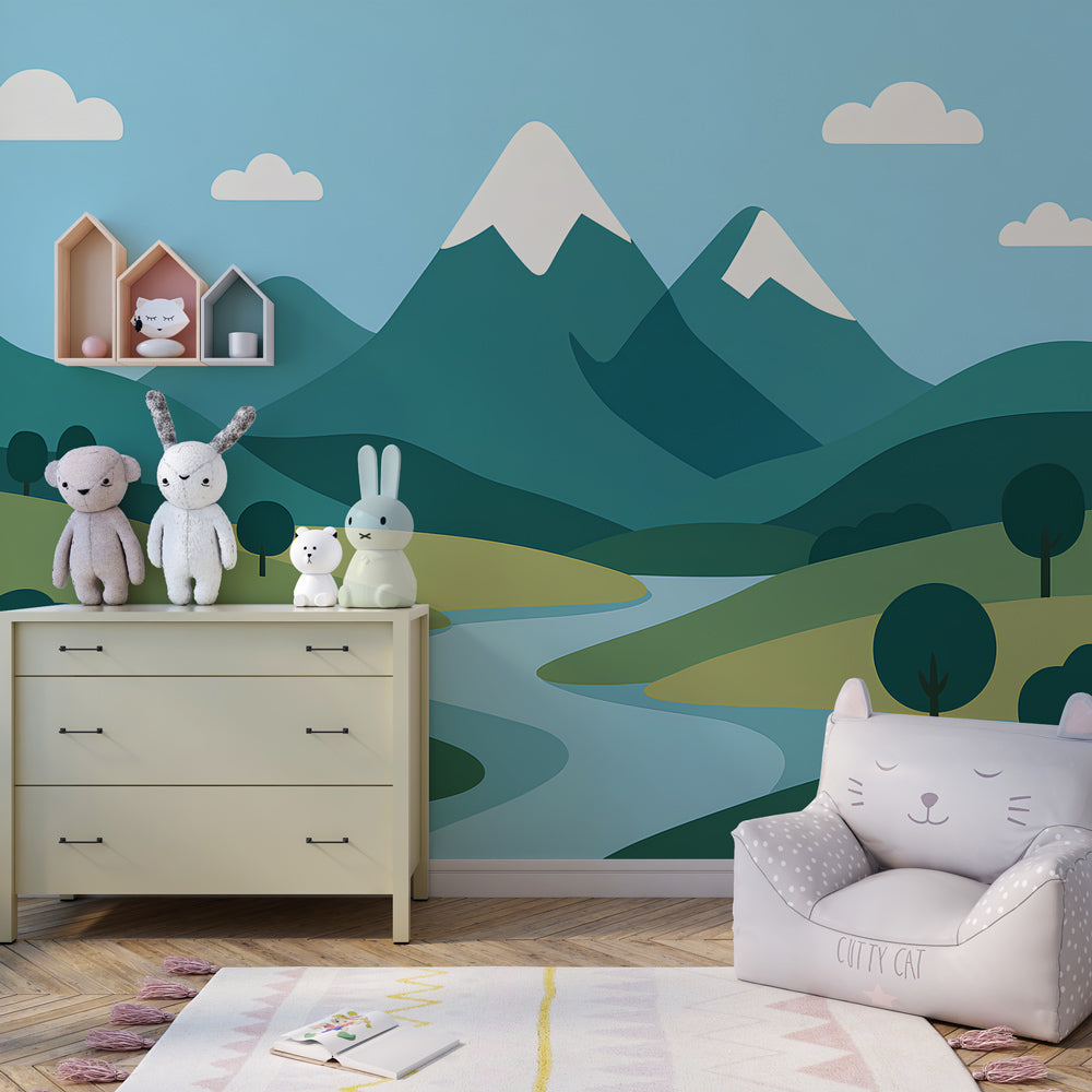 Serene mountain landscape wallpaper with blue and green tones for children's nursery decor
