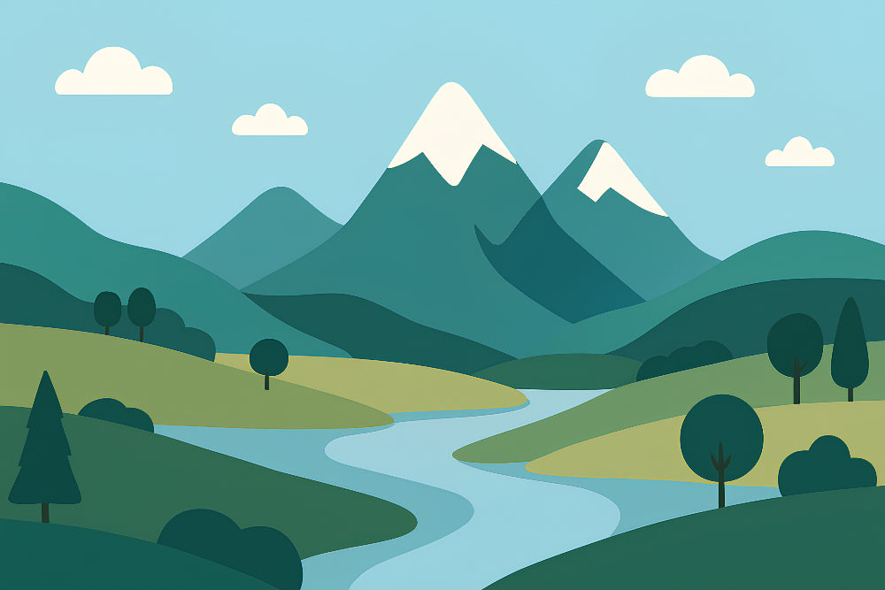 Detailed mountain river landscape mural wallpaper design pattern with peaceful nature theme by Kids-Mundo