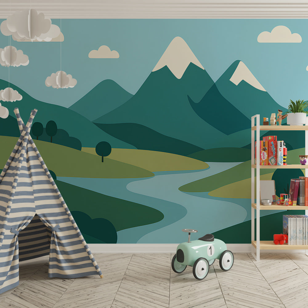 Nature-themed mountain wallpaper transforming kids playroom into peaceful retreat by Kids-Mundo