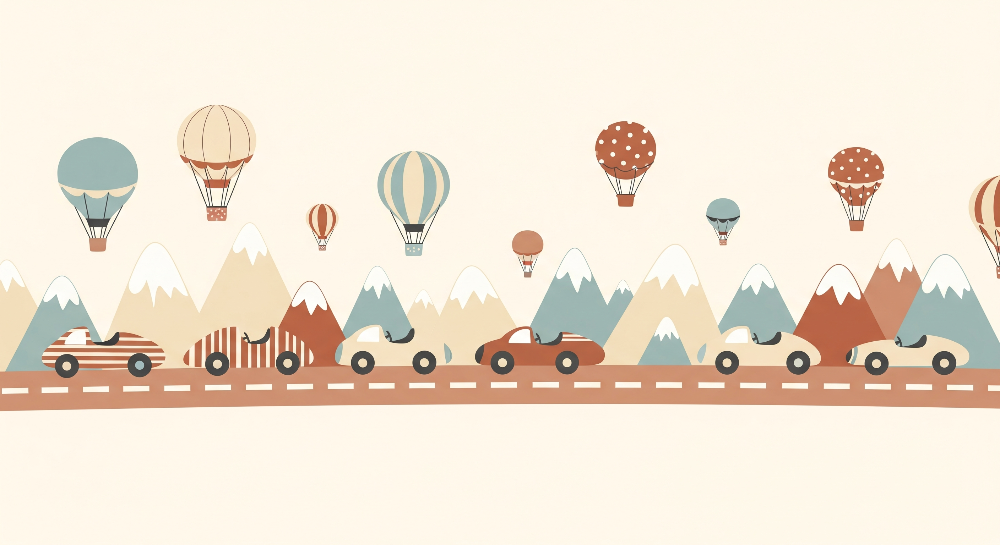 Mountain Road Trip Cars and Balloons Wall Mural