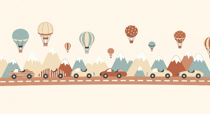 Kids-Mundo flat artwork of striped cars, mountains, hot air balloons and airships