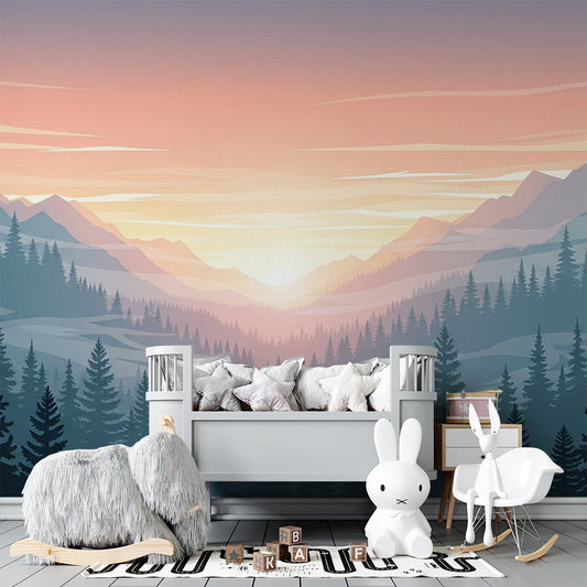 Kids-Mundo sunrise mountain mural on a feature wall in a child's bedroom