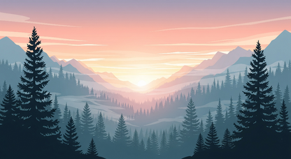 Kids-Mundo flat artwork preview of the pine forest mountain sunrise wall mural
