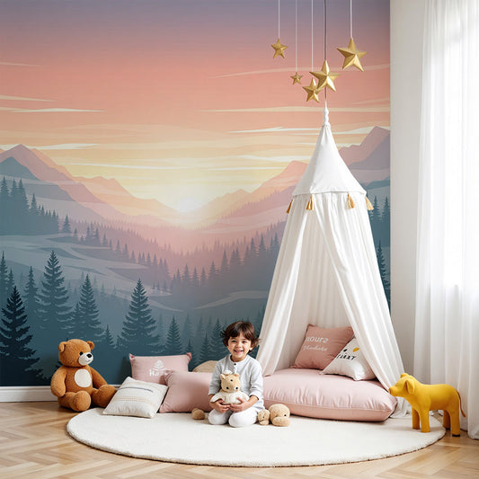 Kids-Mundo mountain sunrise wall mural with pine trees glowing softly in a nursery