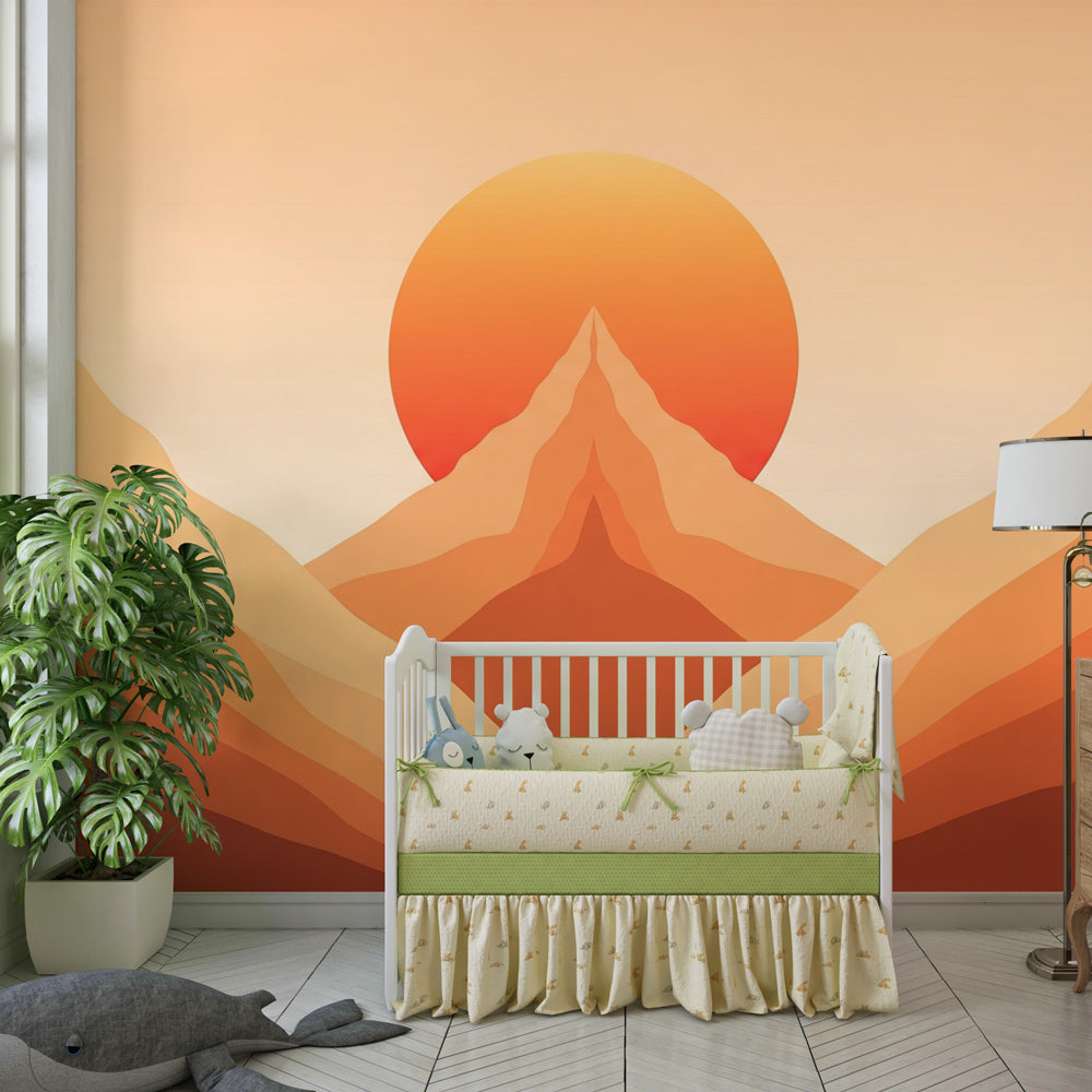 Serene mountain sunset wallpaper in modern children's bedroom with natural wood furniture and neutral decor