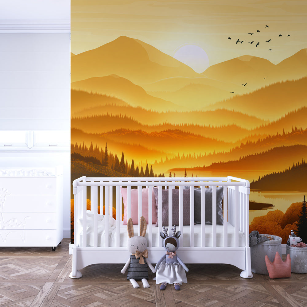 Golden mountain sunset wallpaper transforming children's bedroom into alpine retreat