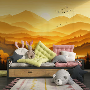 Majestic mountain peaks mural wallpaper with multicolored sunset for kids room by Kids-Mundo