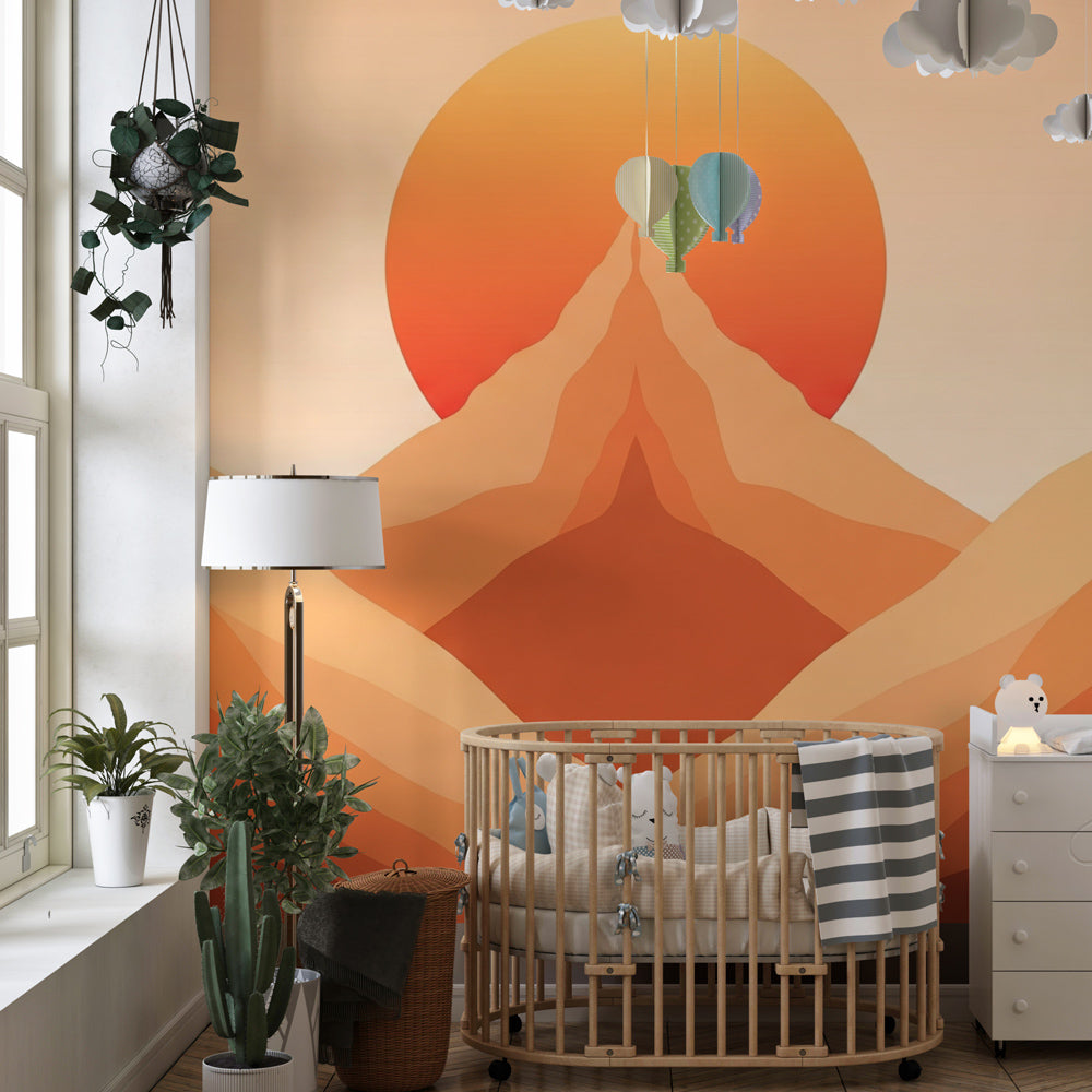 Orange mountain peaks mural wallpaper transforming kids playroom into tranquil nature-inspired space