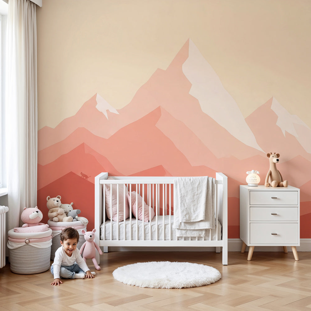 Mountain wildlife mural wallpaper creating serene alpine nursery decor with deer and foxes by Kids-Mundo