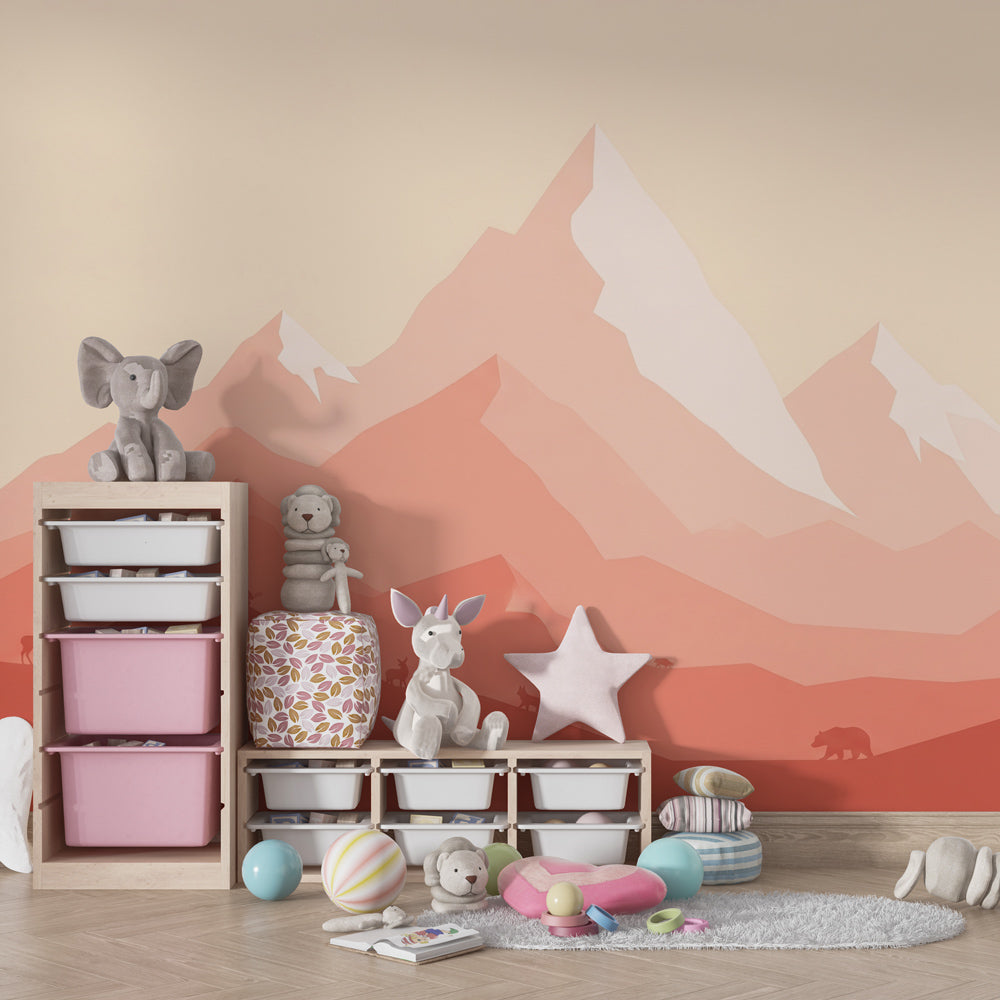 Alpine wildlife mural wallpaper for kids playroom featuring geometric mountains and animal silhouettes