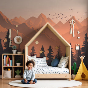 Mountain wolf mural wallpaper creating wilderness adventure nursery with twilight mountain peaks by Kids-Mundo