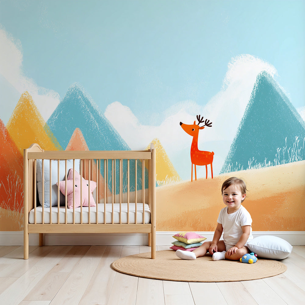 Kids-Mundo colourful mountain and deer wall mural in a bright children's nursery