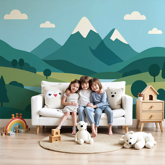 Kids-Mundo mountains and river wall mural, made to measure for a calm baby nursery wall.