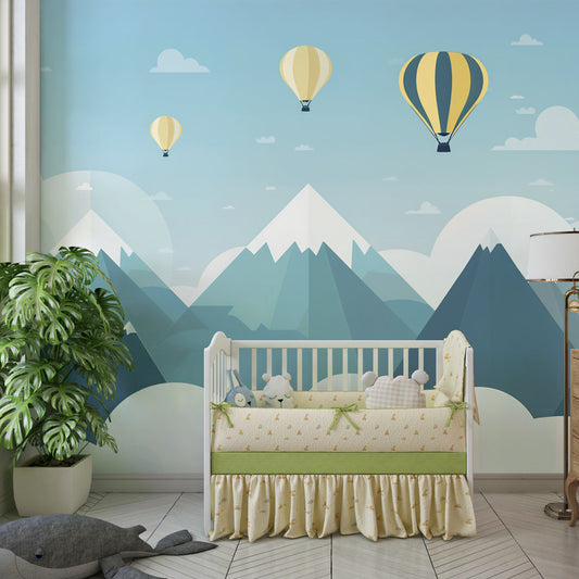 Kids-Mundo mountain wall mural with hot air balloons in a child's bedroom