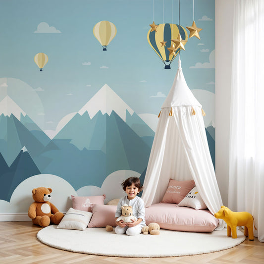 Kids-Mundo hot air balloon and mountain wall mural in a soft, calm nursery