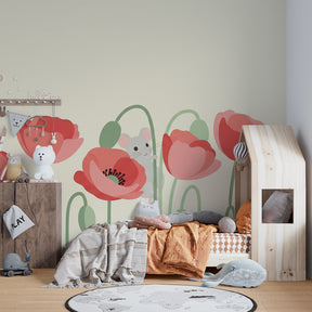 Floral mouse garden mural wallpaper transforming toddler room into enchanted space