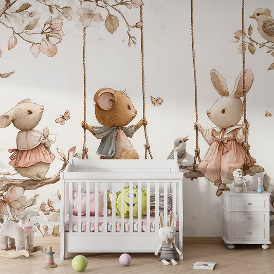 Woodland animal wall mural by Kids-Mundo behind a cot in a nursery bedroom