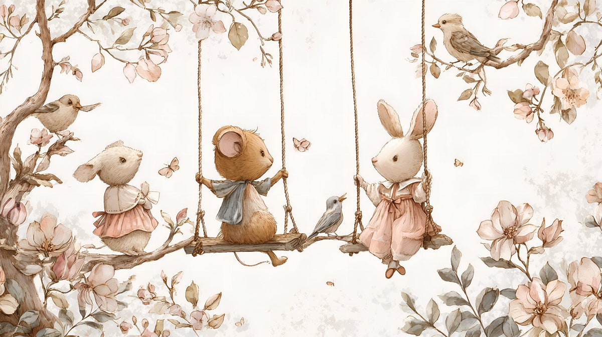Mouse and Rabbit on a Blossom Swing Wall Mural