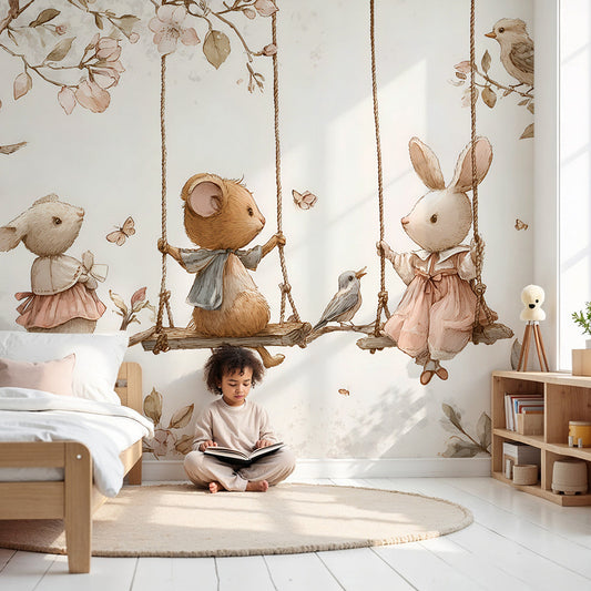 Kids-Mundo mouse and rabbit blossom swing wall mural on a nursery feature wall