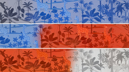 Kids-Mundo flat artwork of the multi-tone jungle giraffe wall mural in blue, rust and grey