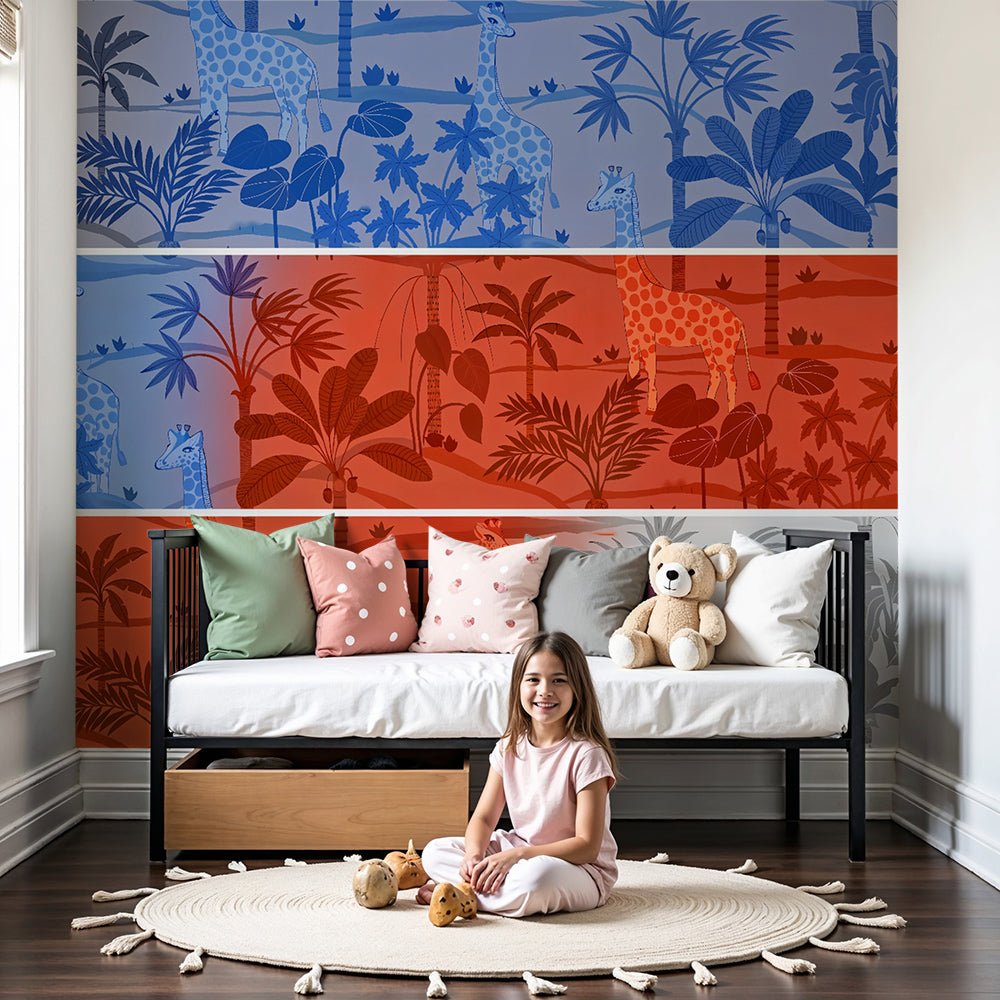 Kids-Mundo multi-tone jungle giraffe wall mural fitted in a calm nursery with wooden furniture