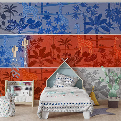 Kids-Mundo jungle giraffe wall mural brightening a playroom wall in denim and grey tones