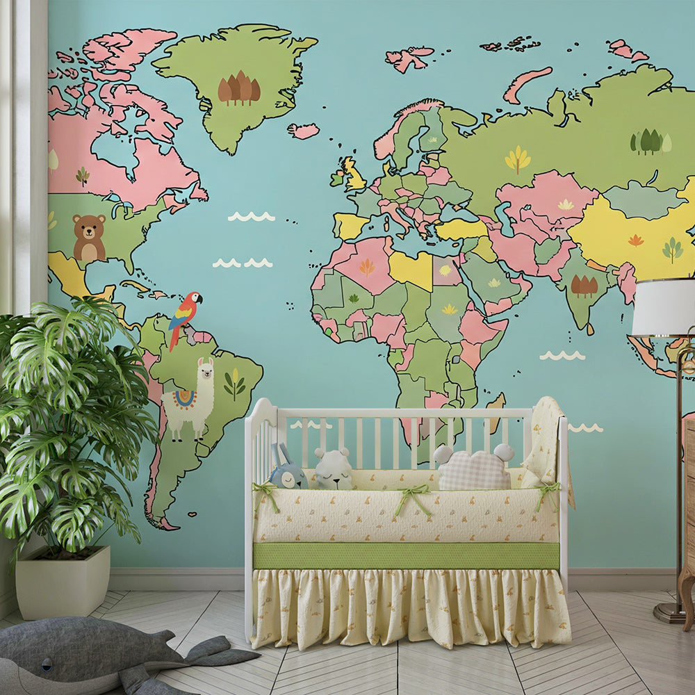 Kids-Mundo multicolour world map wall mural covering a wall in a bright, lively kids bedroom
