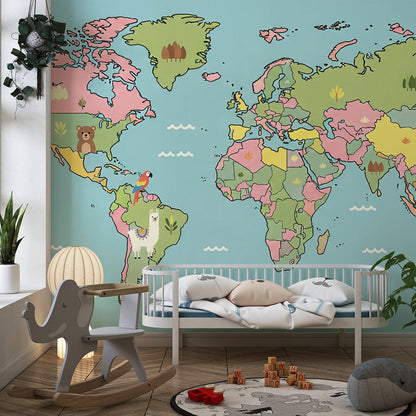 Kids-Mundo multicolour world map wall mural with bear and kangaroo motifs in a playroom