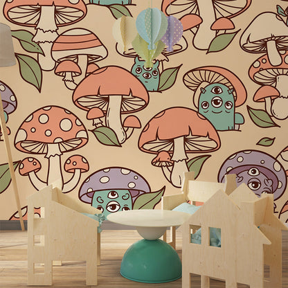 Kids bedroom wall showing a Kids-Mundo mushroom forest mural with cream, coral and purple toned mushrooms.