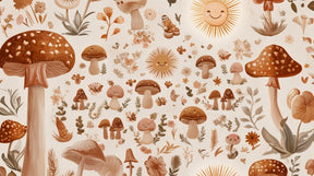 Detailed happy mushroom mural wallpaper design pattern with flowers and sunshine by Kids-Mundo