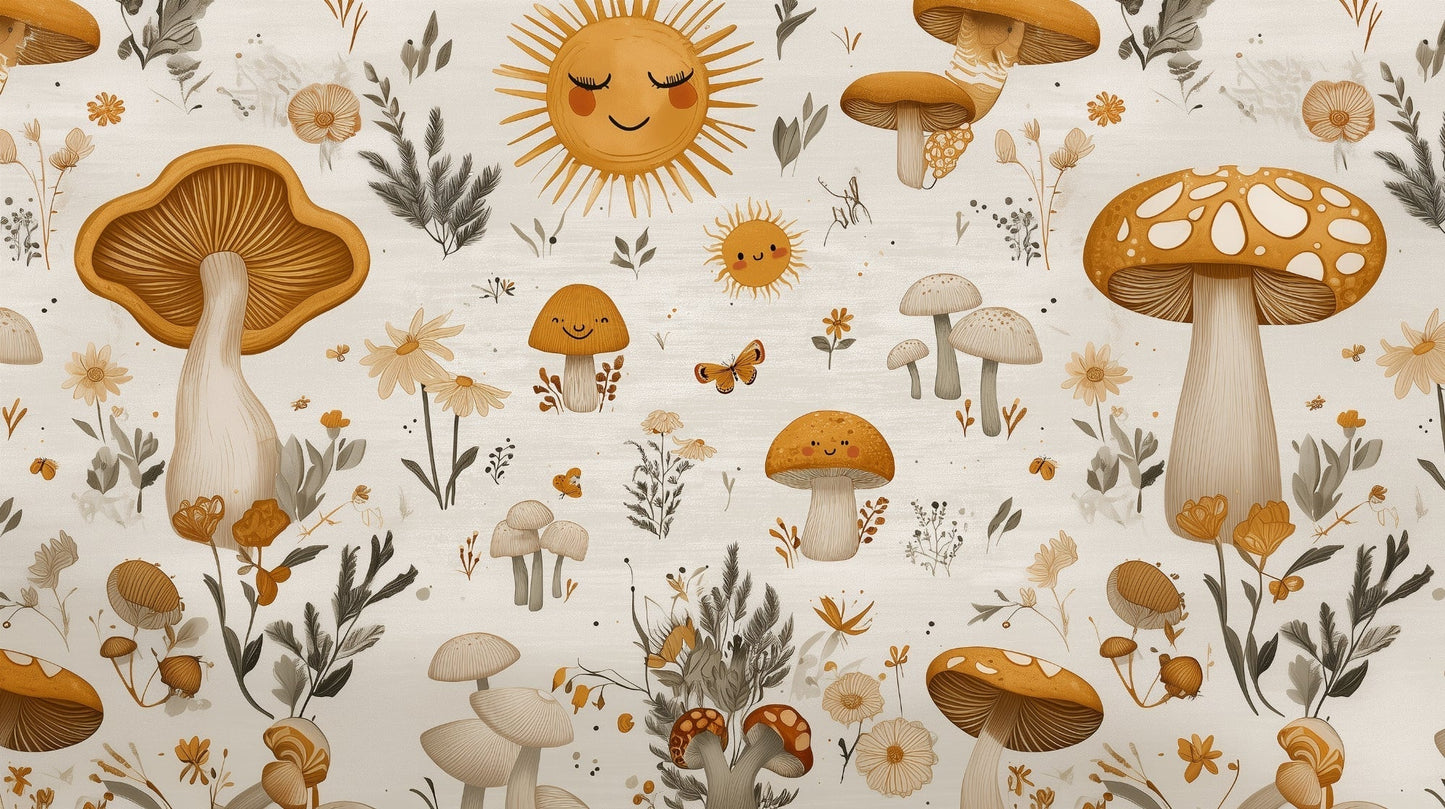 Detailed smiling mushroom and forest elements wallpaper design pattern by Kids-Mundo