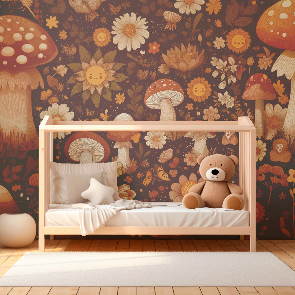 Floral mushroom mural wallpaper transforming children's playroom into enchanted forest space