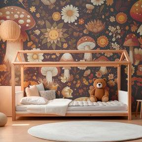Forest mushroom wallpaper creating magical woodland atmosphere in kids bedroom decor