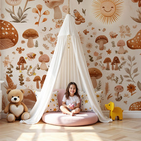 Happy mushroom mural wallpaper creating cozy forest atmosphere in children's nursery by Kids-Mundo