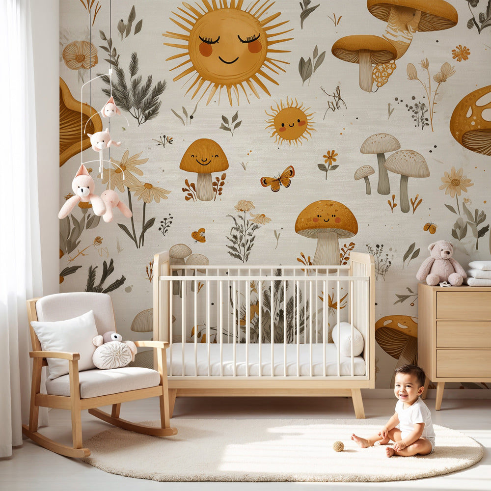 Smiling mushroom mural wallpaper creating magical forest nursery decor by Kids-Mundo