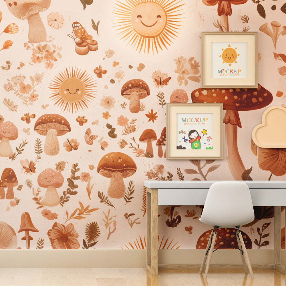 Cheerful mushroom and flower mural wallpaper installed in bright children's playroom setting