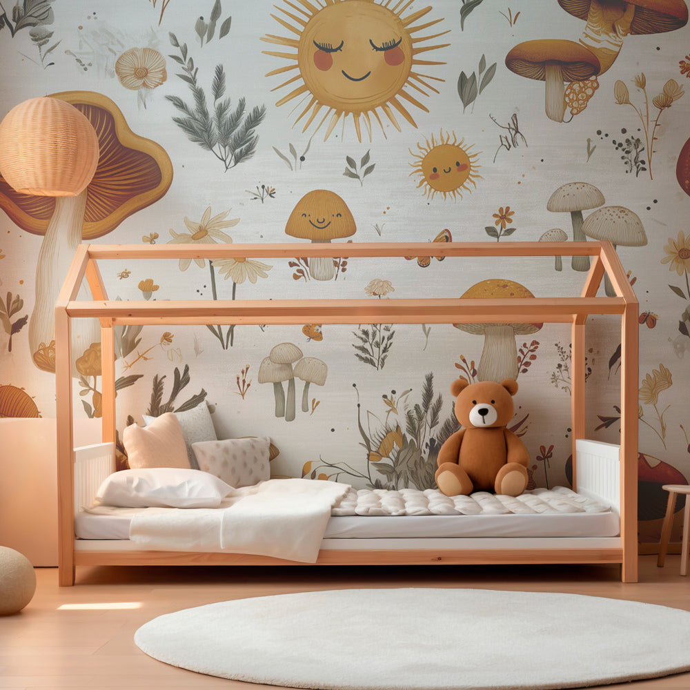 Happy forest mushroom mural wallpaper for kids playroom by Kids-Mundo