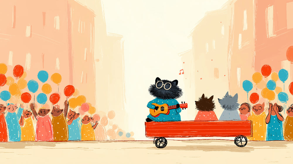 Detailed musical animals parade mural wallpaper design pattern with guitarist and balloons by Kids-Mundo