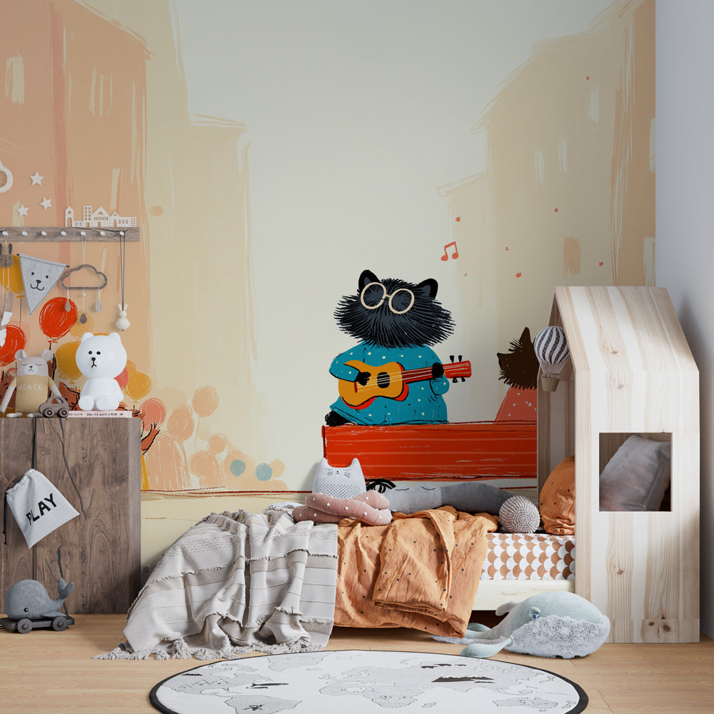 Colorful musical parade wallpaper transforming children's bedroom into festive space by Kids-Mundo