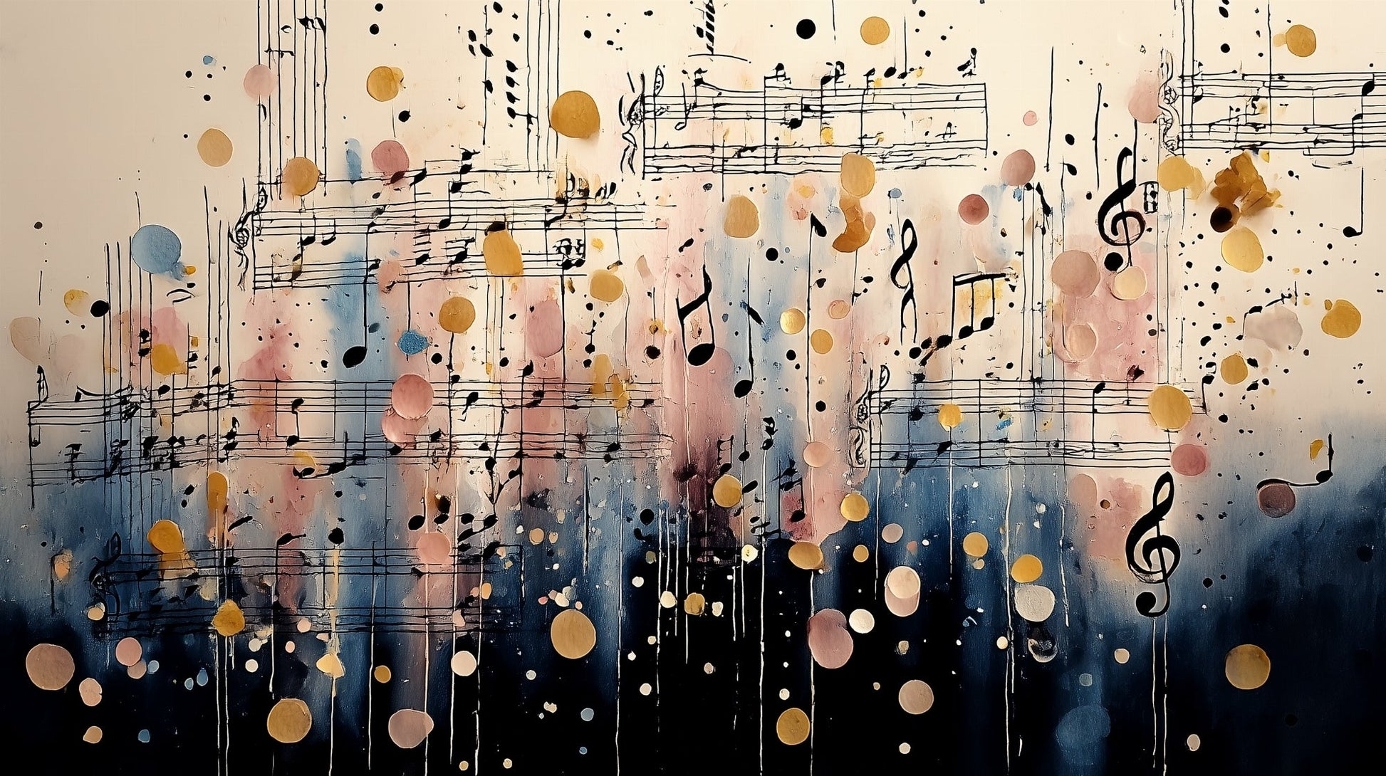 Flat watercolour artwork of the Kids-Mundo musical notes wall mural design with gold accents.