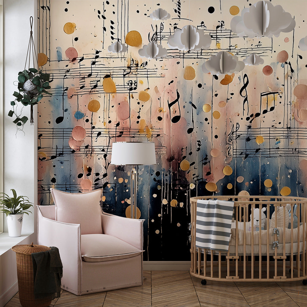 Kids-Mundo music wall mural bringing colourful watercolour pattern to a bright children's playroom.