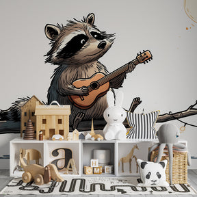 Guitar playing raccoon wallpaper creating whimsical kids bedroom atmosphere