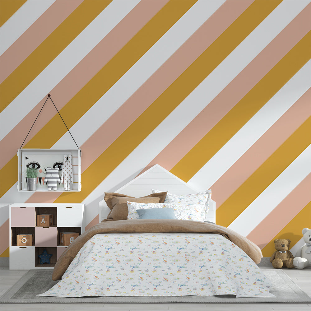 Kids-Mundo mustard and blush stripe wallpaper brightening a cheerful playroom