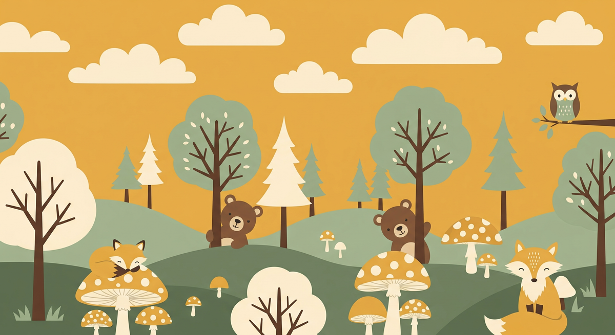 Mustard Forest with Fox and Mushrooms Wall Mural