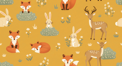 Kids-Mundo flat artwork of a mustard yellow fox and deer pattern wall mural