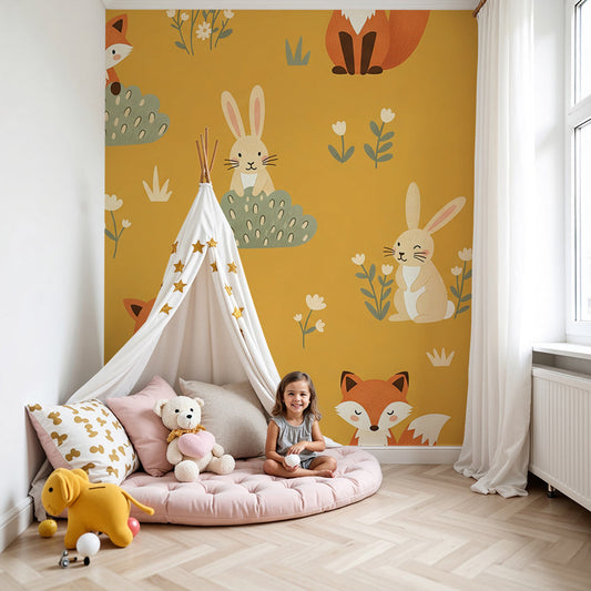 Kids-Mundo mustard fox and deer pattern wall mural made to measure in a nursery