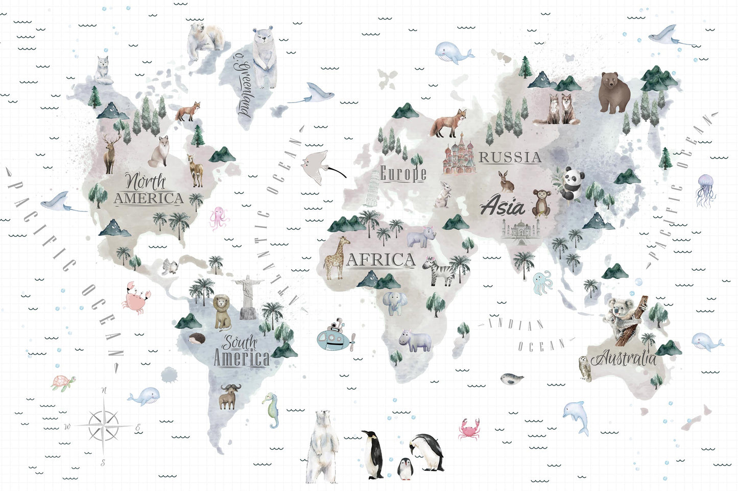 Flat artwork of the Kids-Mundo watercolour world map design with continent names, compass rose and animals